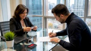 Notary verifying client identity and documents