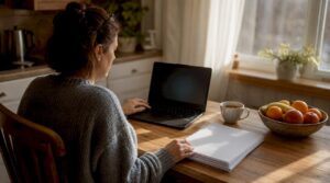 Woman engaged in online notary session at home